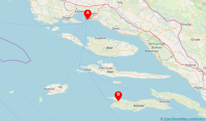 Map of ferry route between Split and Vela Luka